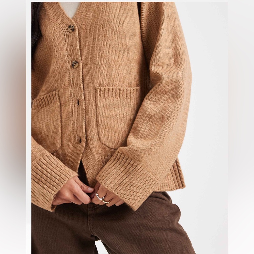 ASOS- tan camel v neck button front knit cardigan sweater with side pockets - Picture 4 of 6